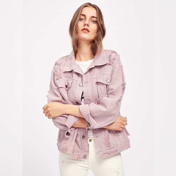 💥 SALE Distressed Blush Denim Boyfriend Jacket - Picture 3 of 6